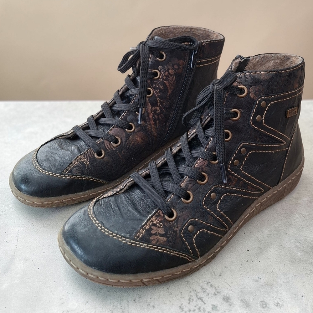 Remonte Black Leather Boots Ankle Booties Short Ankle Shoeties Side Zip Lace Up